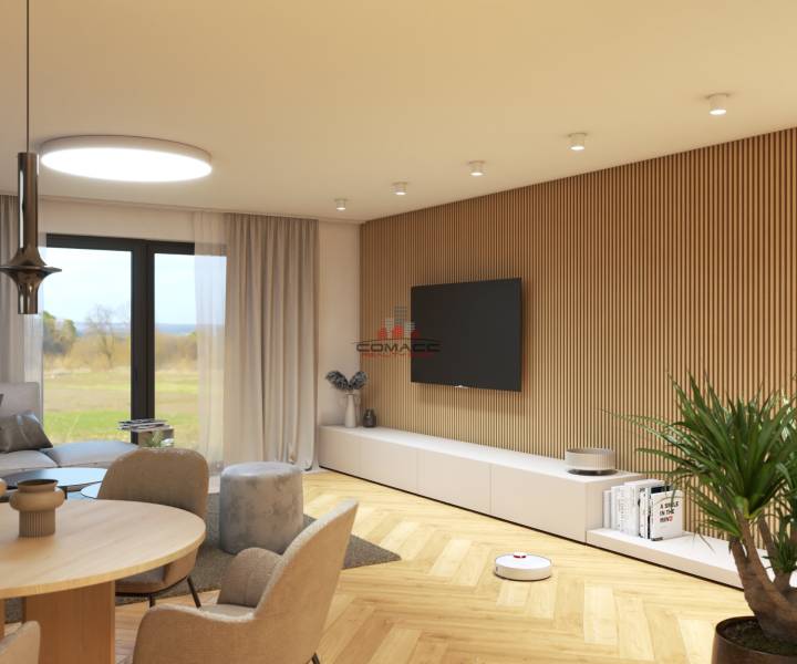 Bright living room on Špačince street, comfortable design of a family house with wooden elements.