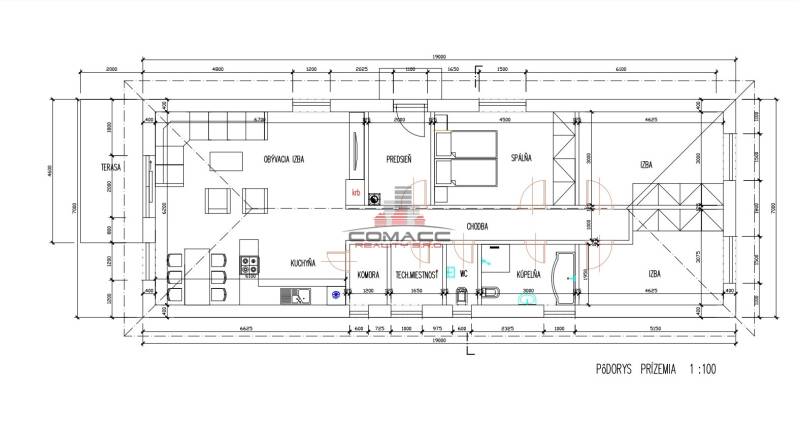 Floor plan of a family house with a living room, kitchen, bathroom, and terrace on Veselé Street.