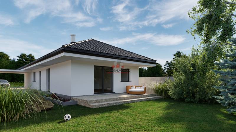 A family house with a garden on Veselé Street. Next to it is a car and a soccer ball.