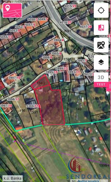 Cadastral map of the village Banka on Poľná Street, highlighted residential plot.