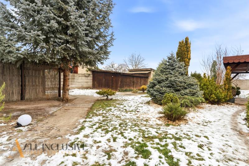 The garden of a family house on Čečínská Potôň in Orechová Potôň with trees and a garden path.