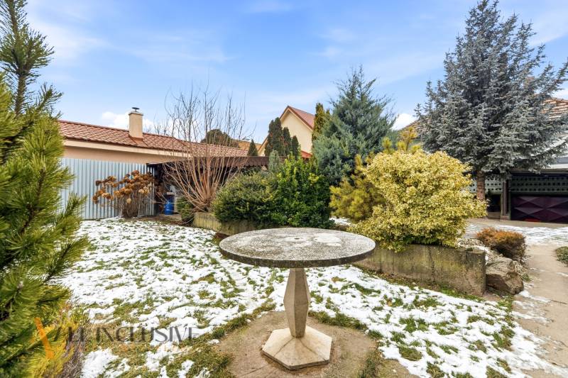 A snow-covered garden at a family house on Čečínska Potôň in Orechová Potôň.