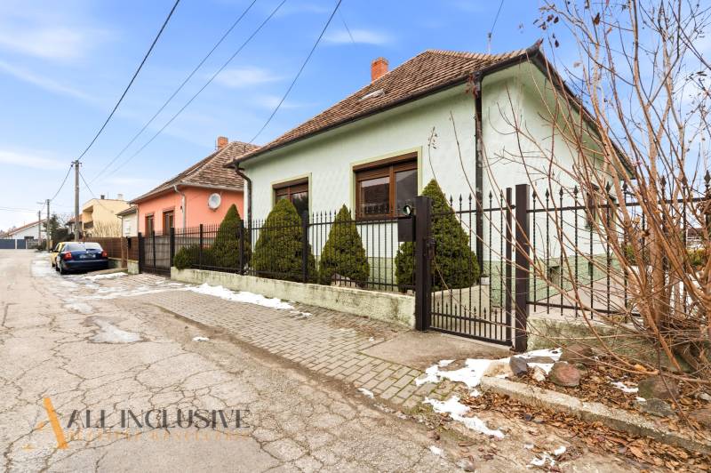 Family house in Orechová Potôň on Čečínská Potôň with a fence and conifers in front of the house.