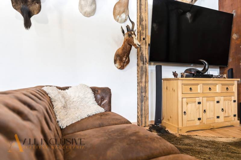 Comfortable leather sofa with a cushion, wooden cabinet, and TV in a family house.