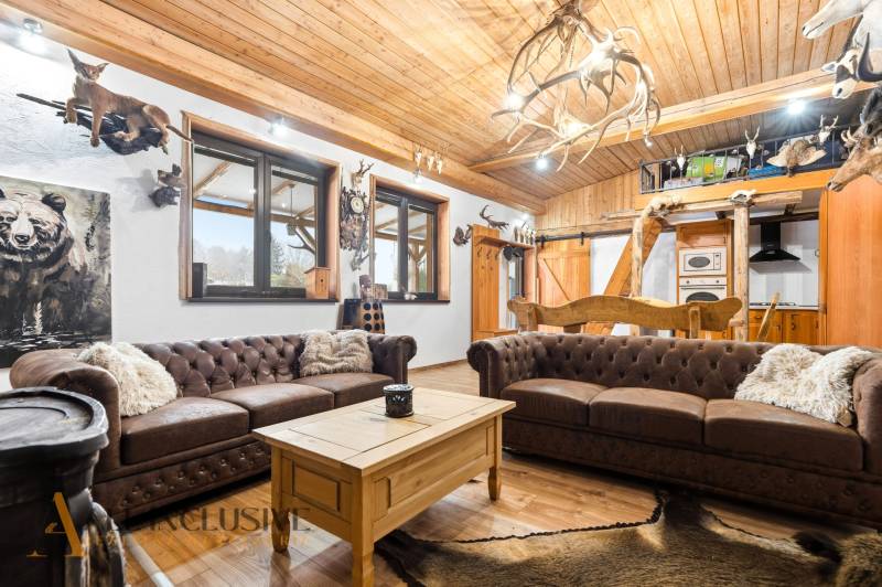 Living room in a family house with sofas, animal decorations, and a wooden-patterned floor.