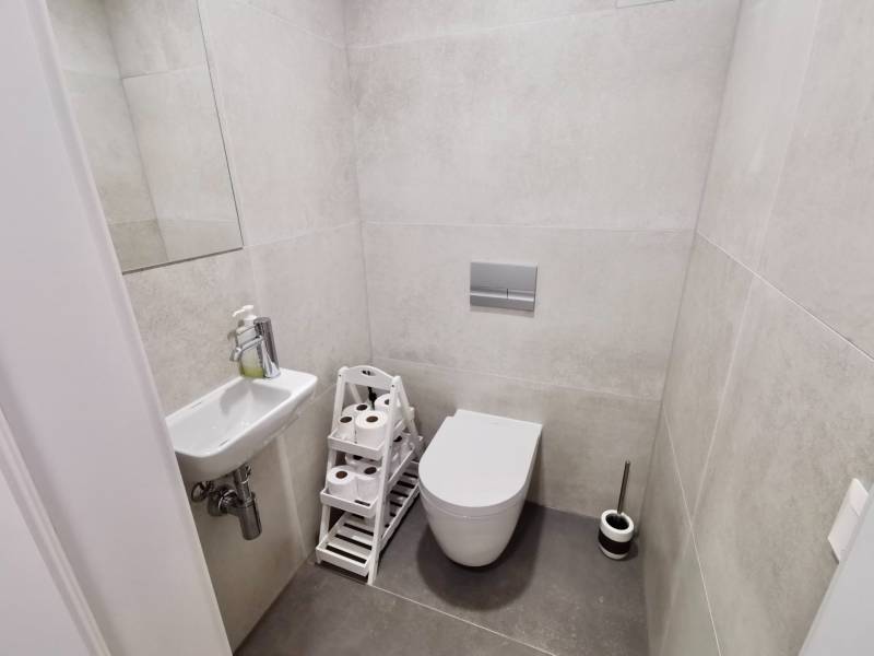 Minimalist bathroom with a toilet and sink, practical storage space for toilet paper.