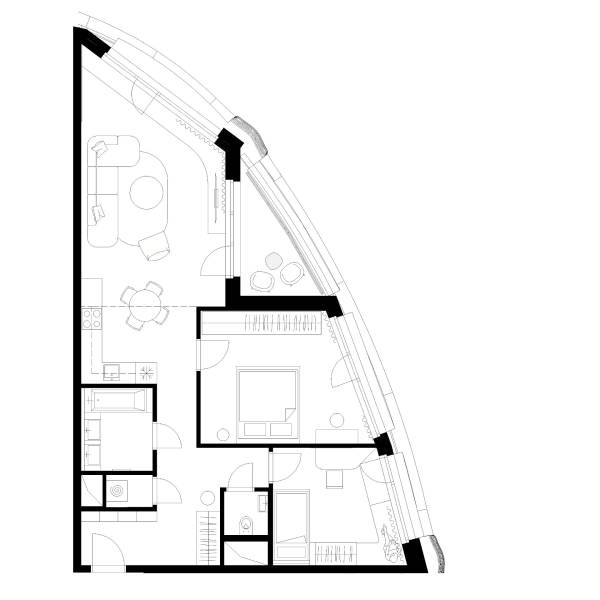 Floor plan of a 3-room apartment with the division of rooms, including the kitchen, bathroom, and living room.