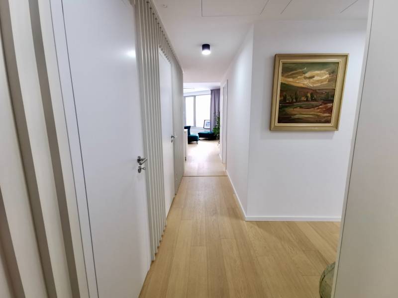 A hallway in a 3-room apartment with a wooden decor floor and a picture on the wall.