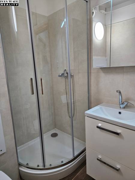 Shower cabin with a mirrored cabinet and a sink in the office.