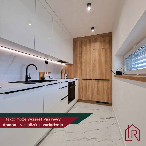 White kitchen with wood decor and marble flooring in a 3-room apartment.