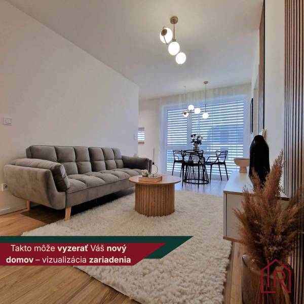 Living room with wood-patterned flooring, a sofa, and a dining table in a 3-room apartment.
