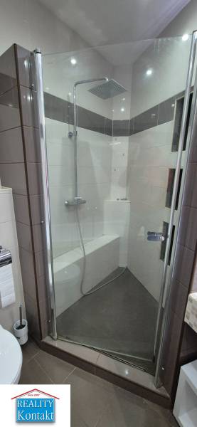 Shower enclosure in the bathroom of a family house with modern tiles and tasteful design.
