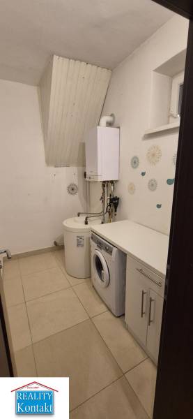 Laundry room in a family house with a washing machine, boiler, and decorative wall painting.