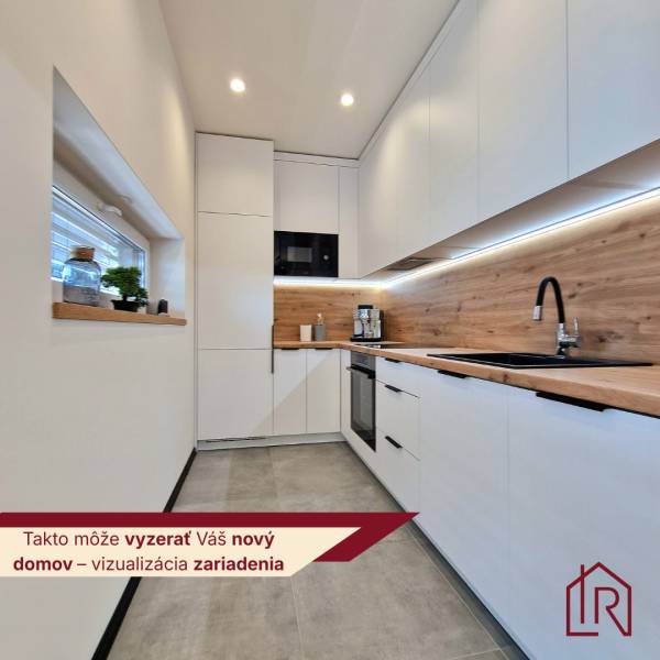 White kitchen in a 3-room apartment with wooden decor and modern appliances.
