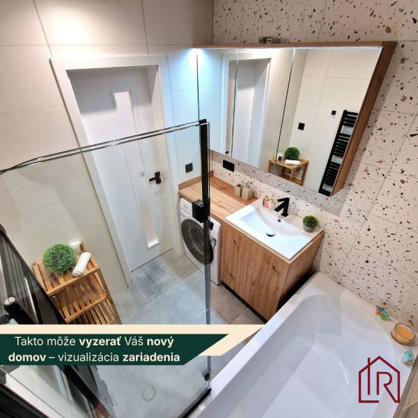 Bathroom in a 3-room apartment with a bathtub, sink, and washing machine, floor with wood decor.