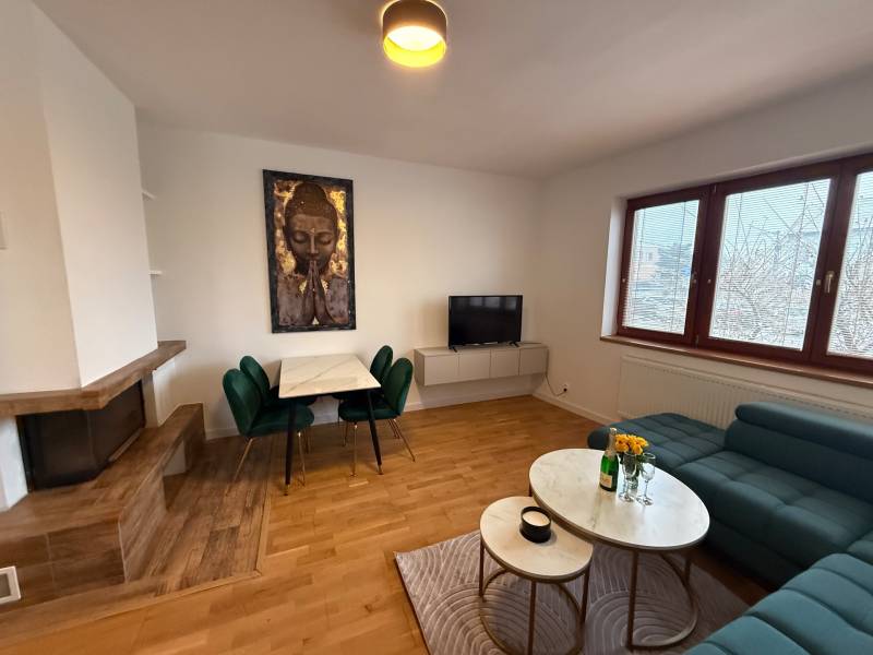 Living room with a fireplace, sofa, and wood-patterned flooring in a family house.