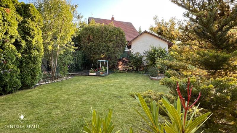 The garden at the family house on Hrabová Street in Hamuliakovo, with a well-maintained lawn and trees.
