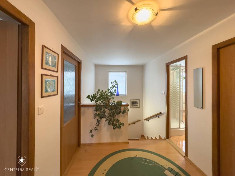 A hallway in a family house with a wooden decor floor, paintings, and a plant.