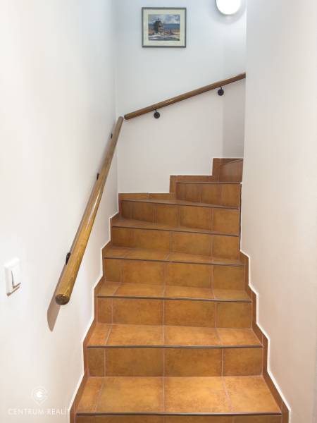 Paved stairs with a wooden railing and a painting in a family house.