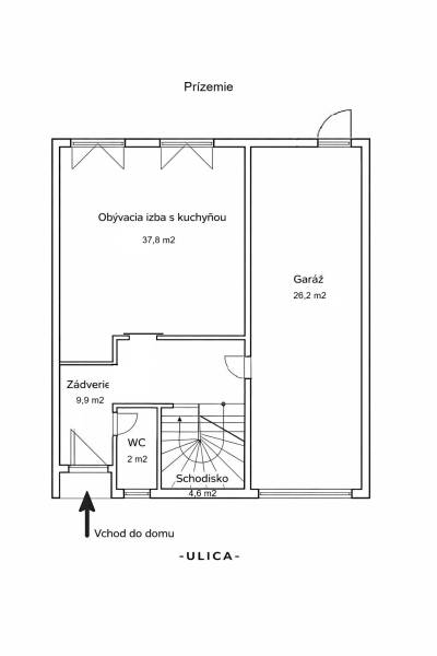 Ground floor plan of a family house with a staircase, garage, and living room with kitchen.