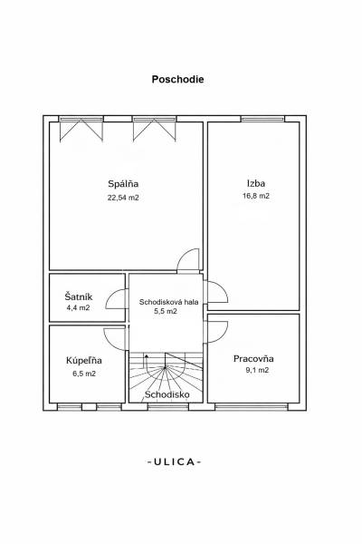 Floor plan of a family house with rooms, bathroom, wardrobe, and staircase.