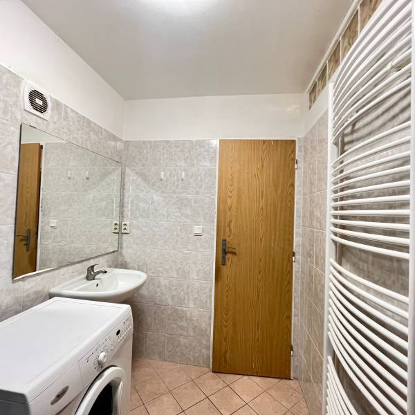 Bathroom with a washing machine, sink, mirror, and ladder radiator in a studio apartment.