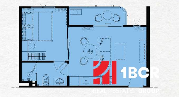 Floor plan of a 2-room apartment with a bathroom and a dining room.