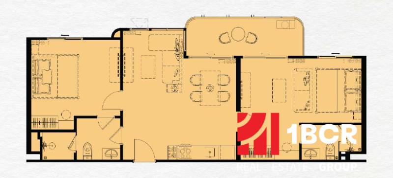 Floor plan of a 3-room apartment with furnishings, including a kitchen, bathroom, and living room.
