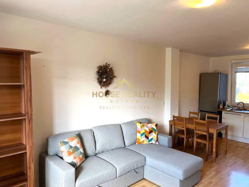 Living room in a 3-room apartment with a wooden decor floor and a gray sofa.