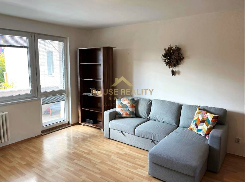 3-room apartment with wooden decor flooring, gray sofa, and a bookshelf.