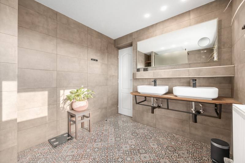 A bathroom in a family house with two sinks, a large mirror, and a plant on the table.