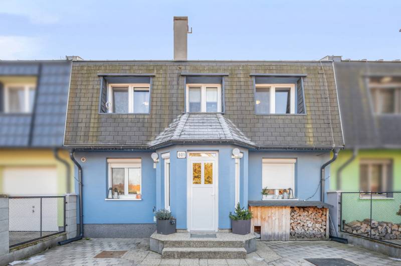 A family house on Južná Street in Miloslavov with a blue facade and a wood storage.