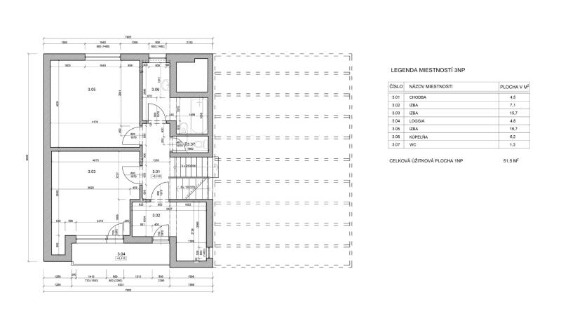 Floor plan of the third floor of a family house with an area of 51.5 m².