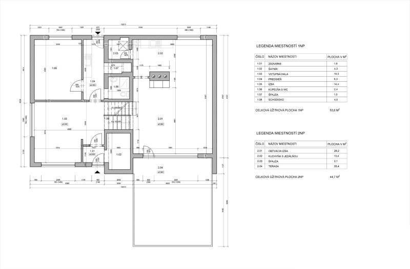 Floor plan of a family house with room labels and floor dimensions.