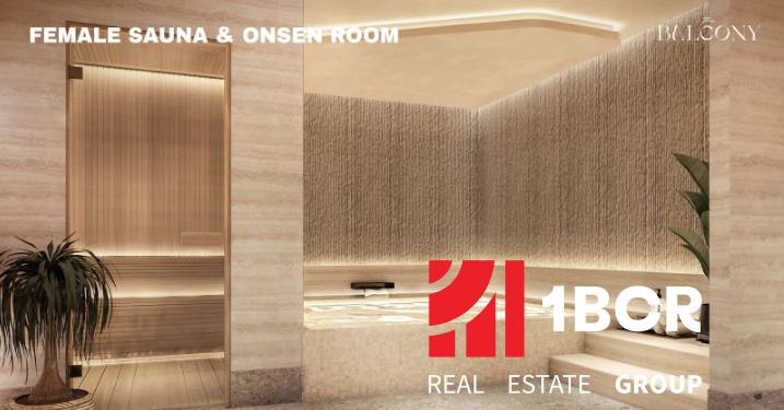 Sauna and onsen within the Apartment Construction project, with minimalist wooden decor and plants.