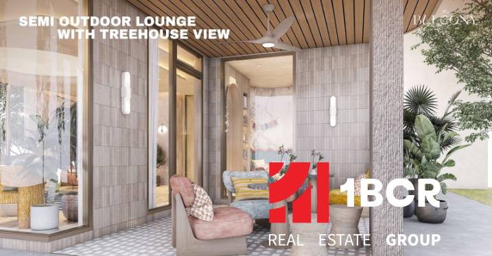 A view of a semi-open lounge with apartment construction and wooden decor.