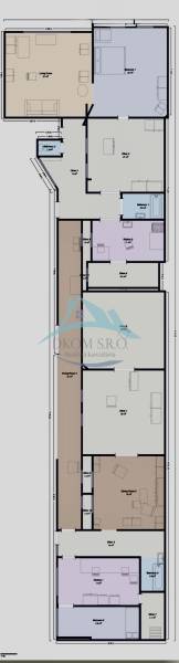 Floor plan of a family house with four rooms and a kitchen.