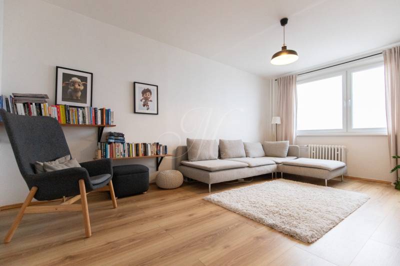Living room with a sofa, bookshelf, and decor; floor with wood decor, 3-room apartment.