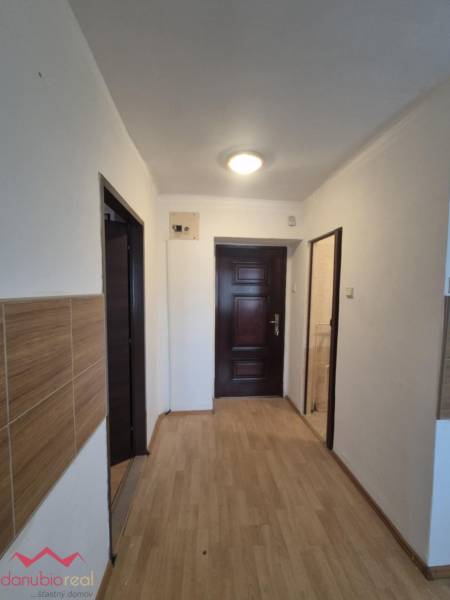 Entrance hall in a 2-room apartment with wood-patterned flooring and a light above the door.
