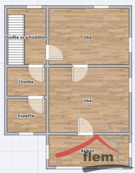 Floor plan of a family house with two rooms, a bathroom, a hallway, and a balcony.