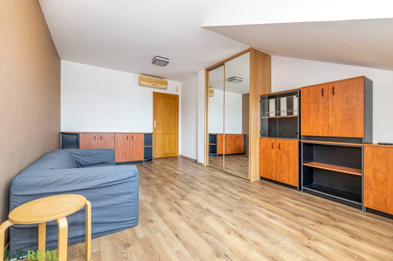Sofa, mirrored wardrobe, and furniture on the floor with wood decor in a family house.