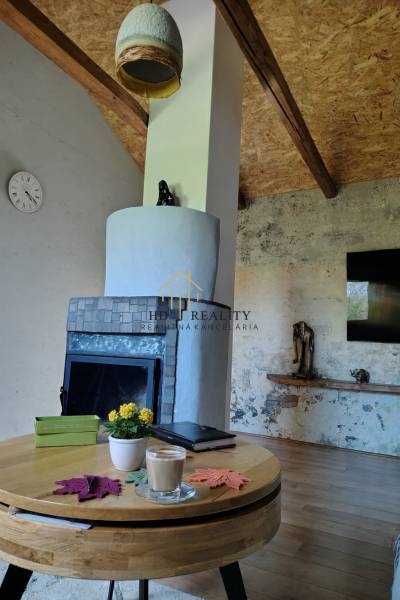 Interior of a cabin with a fireplace, coffee table, and wooden-patterned flooring.