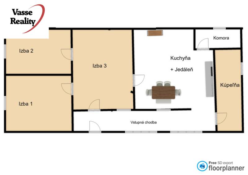 Floor plan of a family house with three rooms, a bathroom, a kitchen, and a pantry.