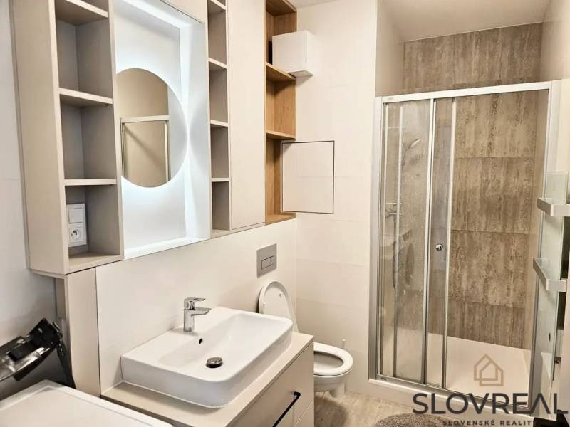 Bathroom with a sink, shower, and storage space in a studio apartment.