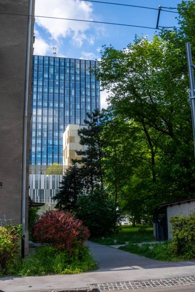 In Bratislava on Dohnányho Street, there is a high-rise building behind the trees and the sidewalk.