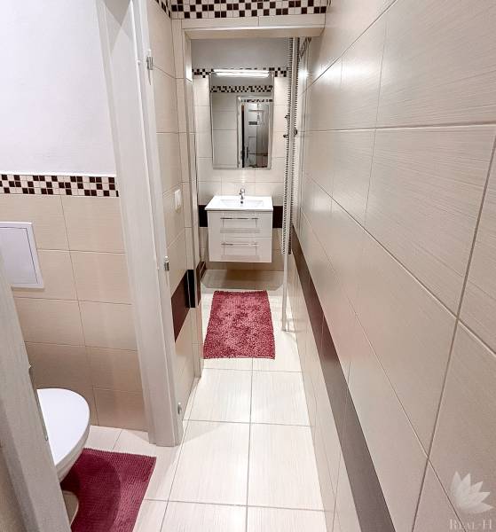 A bathroom with white tiles and red accessories in a two-room apartment.