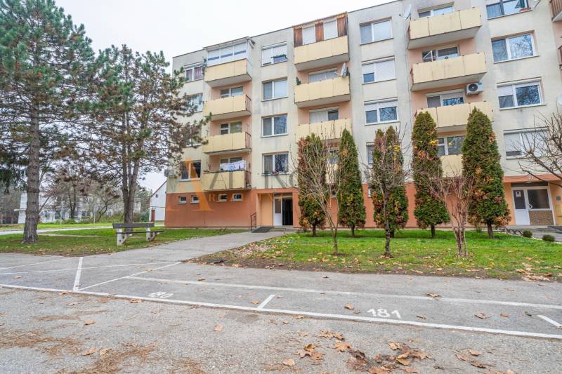 Apartment building on Školská Street in Kolárovo, parking spaces and trees in the vicinity.