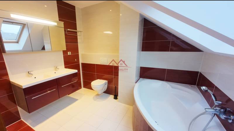 Bathroom in a family house with a bathtub, double sink, and skylight.
