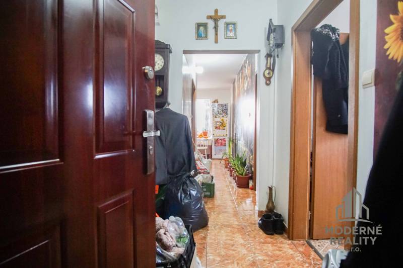 Entrance hall in a 2-room apartment with flowers and wall decorations.