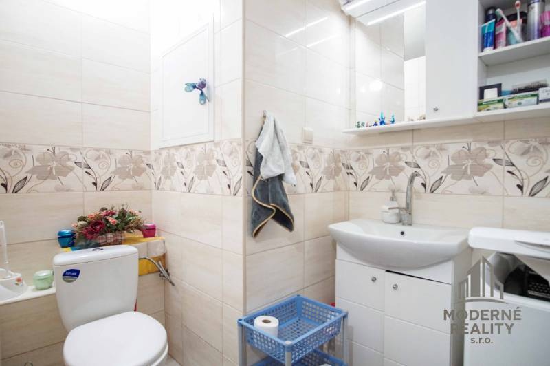 Bathroom in a 2-room apartment with decorative tiles and a sink with a cabinet.